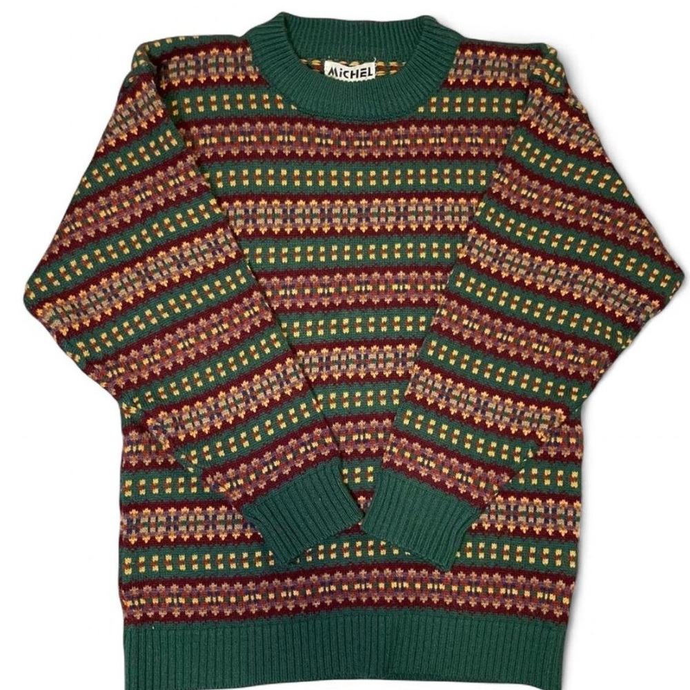 Vintage Michel Green Multi-Color Patterned Crewneck Knit Sweater Size S